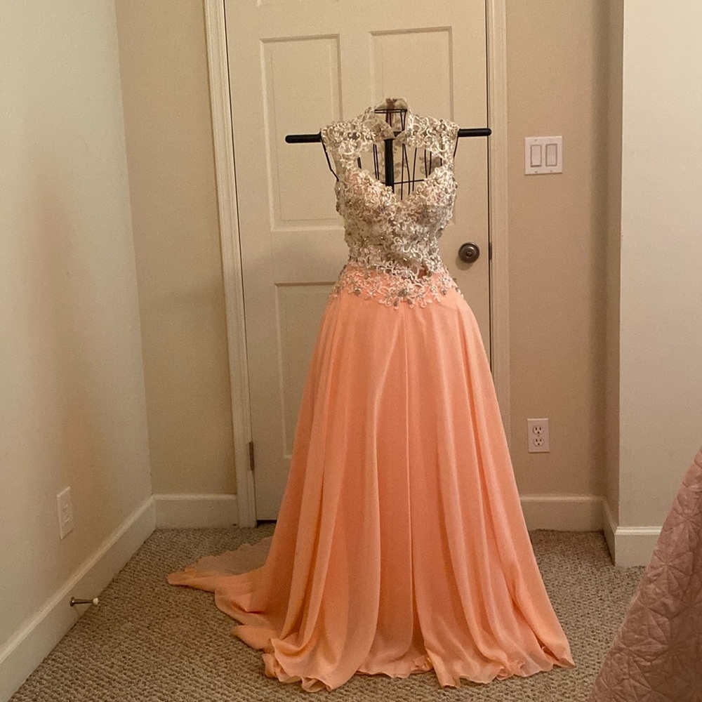 Peach lace prom pageant dress